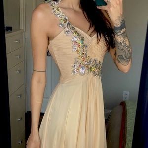 One shoulder prom dress.